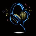 Blue headphones with Music. Vector illustration.