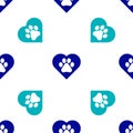 Blue Heart with animals footprint icon isolated seamless pattern on white background. Pet paw in heart. Love to the Royalty Free Stock Photo