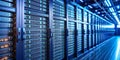 The Blue Heart of Data Rows of Server Racks Glowing Under Neon Lights in a Modern Data Center