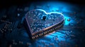 Blue heart designed as central processing unit of love. Postproducted, Generative AI Royalty Free Stock Photo