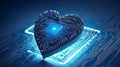 Blue heart designed as central processing unit of love. Postproducted, Generative AI Royalty Free Stock Photo