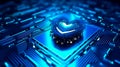 Blue heart designed as central processing unit of love. Postproducted. Generative AI Royalty Free Stock Photo