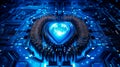 Blue heart designed as central processing unit of love. Postproducted. Generative AI Royalty Free Stock Photo
