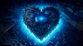 Blue heart designed as central processing unit of love. Postproducted. Generative AI Royalty Free Stock Photo