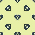 Blue Heart with female gender symbol icon isolated seamless pattern on yellow background. Venus symbol. The symbol for a Royalty Free Stock Photo