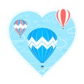 Blue heart with linear clouds and birds and hot air balloons in cartoon style. Vector illustration isolated on white Royalty Free Stock Photo