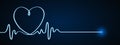 Blue heart and pulse one line hand drawn, cardiogram sign, electrocardiogram heartbeat - vector