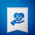 Blue Heart rate icon isolated on blue background. Heartbeat sign. Heart pulse icon. Cardiogram icon. White pennant