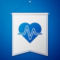 Blue Heart rate icon isolated on blue background. Heartbeat sign. Heart pulse icon. Cardiogram icon. White pennant