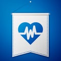 Blue Heart rate icon isolated on blue background. Heartbeat sign. Heart pulse icon. Cardiogram icon. White pennant