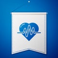 Blue Heart rate icon isolated on blue background. Heartbeat sign. Heart pulse icon. Cardiogram icon. White pennant