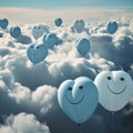 Blue heart shaped balloons with smile emoticons in the sky above the clouds, love greeting background