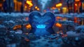 A blue heart shaped object sitting in a puddle of water, AI Royalty Free Stock Photo