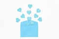 Blue hearts with text LOVE, KISS, FOREVER YOURS fly out from blue envelope on white background. Gift for lover. love confession