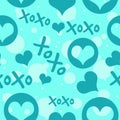 Blue hearts and Xoxo text with circles, seamless pattern. Repetitive background for Valentine`s Day