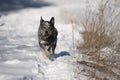 Blue heeler australian cattle dog in deep snow. Royalty Free Stock Photo