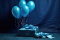 blue helium balloons and a matching wrapped gift
