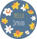 Blue Hello Spring card. Daffodil flowers. Springtime. postcard. Vector illustration.