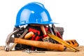 Blue helmet and wood mounting tools Royalty Free Stock Photo