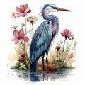 Delicate Watercolor Landscape: Blue Heron In Water With Flowers