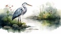 Lush Watercolor Heron Illustration With Peaceful And Calm Feeling