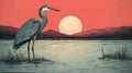 Sophisticated Woodblock Illustration Of Lakeside Heron And Sunset Royalty Free Stock Photo