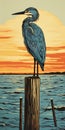 Blue Heron Sunset: Pop Art Style Illustration Of Architectural Illustrator Royalty Free Stock Photo
