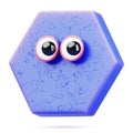 Blue hexagon 3d character - comic geometric shape with pink eyes and surprised look on face. Cute polygon basic figure, funny hex Royalty Free Stock Photo