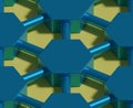 Blue hexagonal prisms interconnected by pipes seamless pattern. Isometric background. 3d illustration