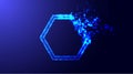 Blue hexagonal shapes from small pices. Nanotechnology abstract particles background with neon glowing honeycomb. Vector