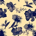 Blue Hibiscus Backdrop. Indigo Flower Illustration. Azure Seamless Plant. Watercolor Print. Pattern Print. Beryl Tropical Illustra