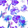 Blue Hibiscus Decor. Indigo Flower Painting. Lavender Seamless Foliage. Green Watercolor Backdrop. Pink Pattern Texture. Purple