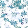 Blue Hibiscus Garden. Green Flower Design. Watercolor Background. Floral Wallpaper. Seamless Leaves. Pattern Textile. Tropical Pai