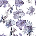 Blue Hibiscus Leaves. Indigo Flower Design. Azure Seamless Design. Watercolor Wallpaper. Pattern Leaf. Beryl Tropical Wallpaper. E