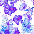 Blue Hibiscus Leaves. Pink Flower Jungle. Purple  Seamless Texture. Vanilla  Watercolor Foliage. Green Pattern Jungle. Lavender Tr Royalty Free Stock Photo