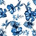 Blue Hibiscus Painting. Beryl Flower Design. Azure Seamless Background. Watercolor Illustration. Pattern Design. Indigo Tropical B