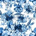 Blue Hibiscus Set. Beryl Flower Jungle. Azure Seamless Textile. Watercolor Background. Pattern Leaves. Indigo Tropical Wallpaper.