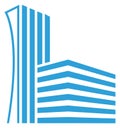 Blue high buildings logo. City center silhouette