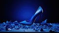A blue high heel shoe sitting on top of a pile of broken glass, AI