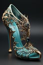 A blue high heeled shoe with gold and blue jewels. Generative AI image. Royalty Free Stock Photo