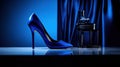 A blue high heeled shoe sitting on a table next to a vase, AI