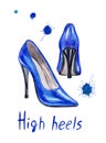 Blue high-heeled shoes, watercolor drawing on white background, isolated Royalty Free Stock Photo