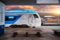 Blue high speed train in motion on the railway station at sunset Royalty Free Stock Photo