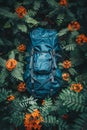 Blue Hiking Backpack Nestled Among Vibrant Orange Flowers and Lush Green Ferns in a Forested Outdoor Setting