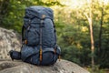 Blue Hiking Backpack Resting on a Rock in a Forest Royalty Free Stock Photo