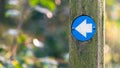 Blue hiking trail marker on wooden post