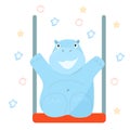 The blue hippo is swinging on a red swing.