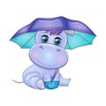 A blue hippopotamus with a red umbrella walks in the rain. Flat