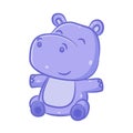 The blue hippopotamus with the small ears is sitting in the floor with the happy face