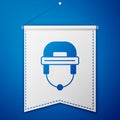 Blue Hockey helmet icon isolated on blue background. White pennant template. Vector